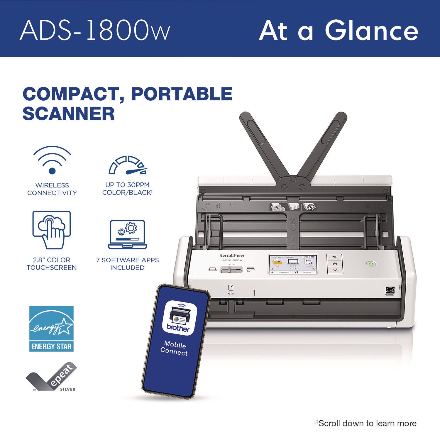 ADS-1800W Compact Desktop Scanner, 600 dpi x 600 dpi Optical Resolution, 20-Sheet Duplex Auto Document Feeder Brother Flipcost