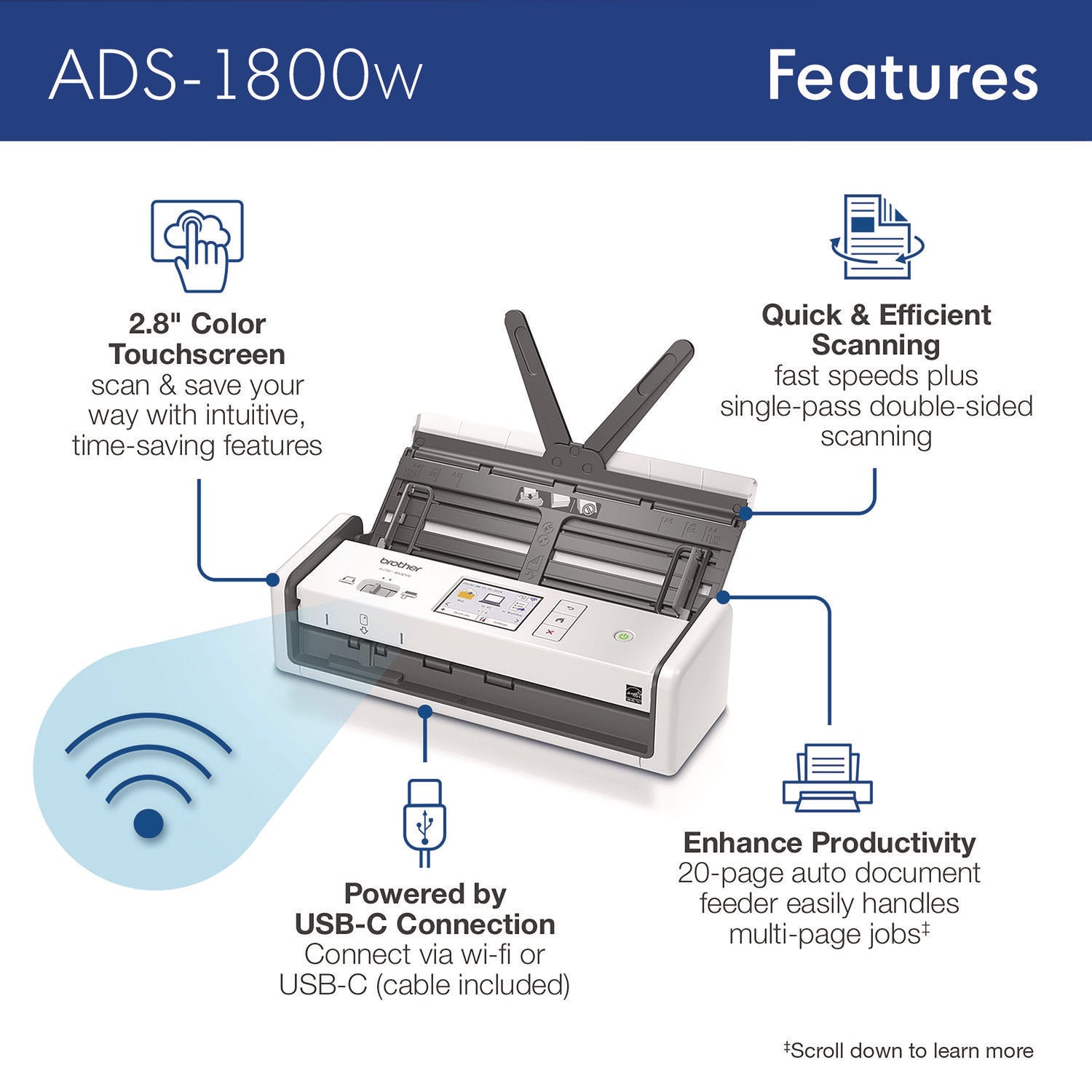 ADS-1800W Compact Desktop Scanner, 600 dpi x 600 dpi Optical Resolution, 20-Sheet Duplex Auto Document Feeder Brother Flipcost