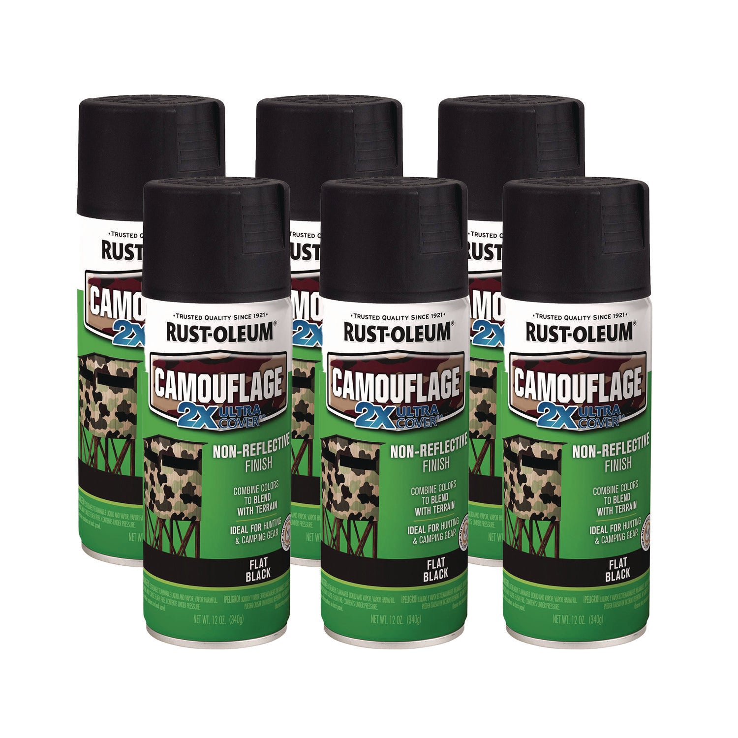 Camouflage Spray Paint, Flat Black, 12 oz Aerosol Can, 6/Carton