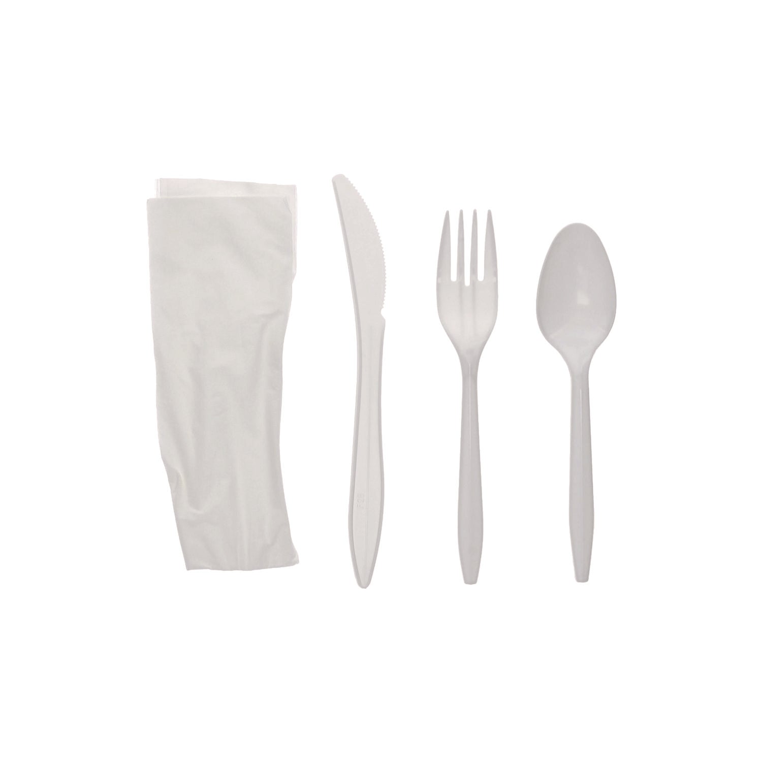 Pactiv Evergreen Fieldware Cutlery Kit, Individually Wrapped, Mediumweight, Fork/Knife/Napkin/Spoon, Plastic, White, 250/Carton