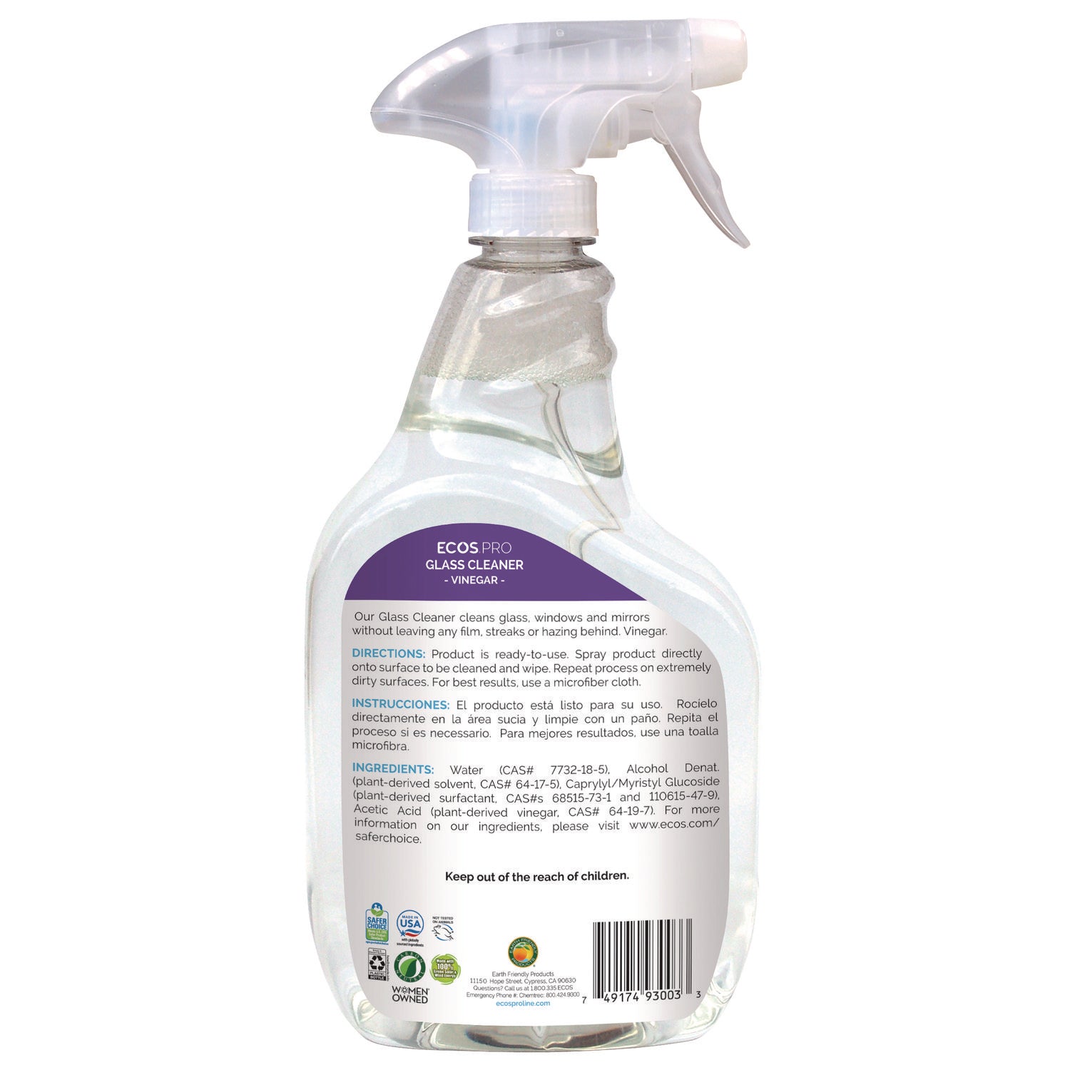 ECOS® PRO Glass Cleaner, Vinegar Scent, 32 oz Spray Bottle, 6/Carton