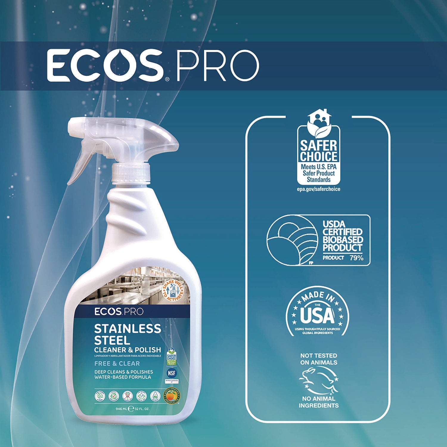 ECOS® PRO Stainless Steel Cleaner and Polish, 32 oz Spray