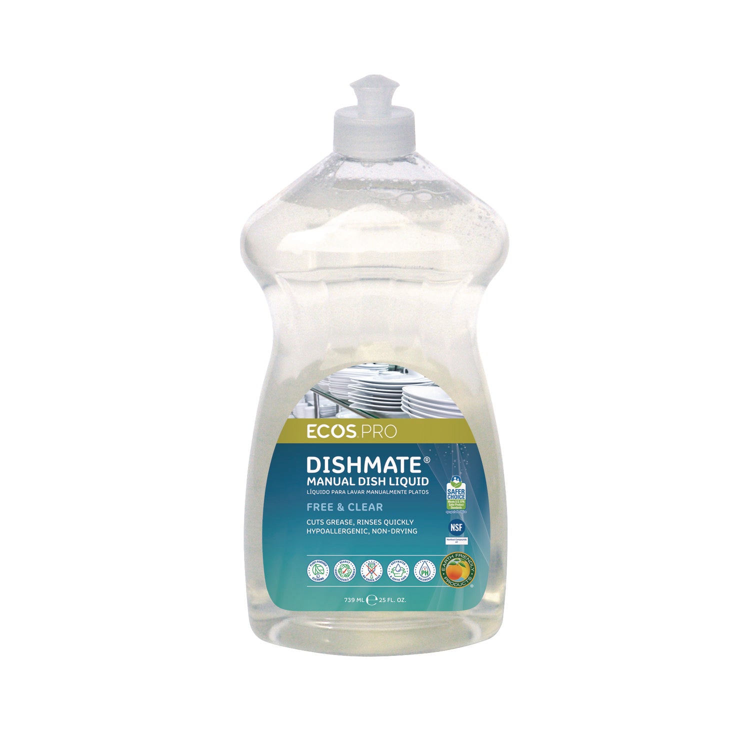 ECOS® PRO Dishmate Manual Dish Liquid, Free and Clear, 25 oz Squeeze Bottle, 6/Carton