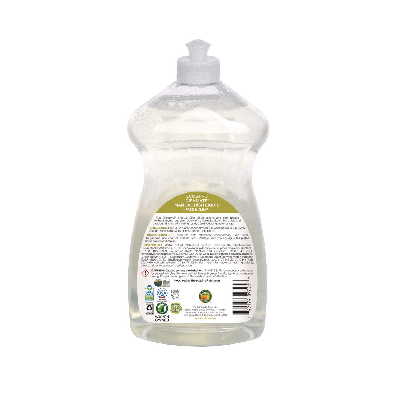 ECOS® PRO Dishmate Manual Dish Liquid, Free and Clear, 25 oz Squeeze Bottle, 6/Carton