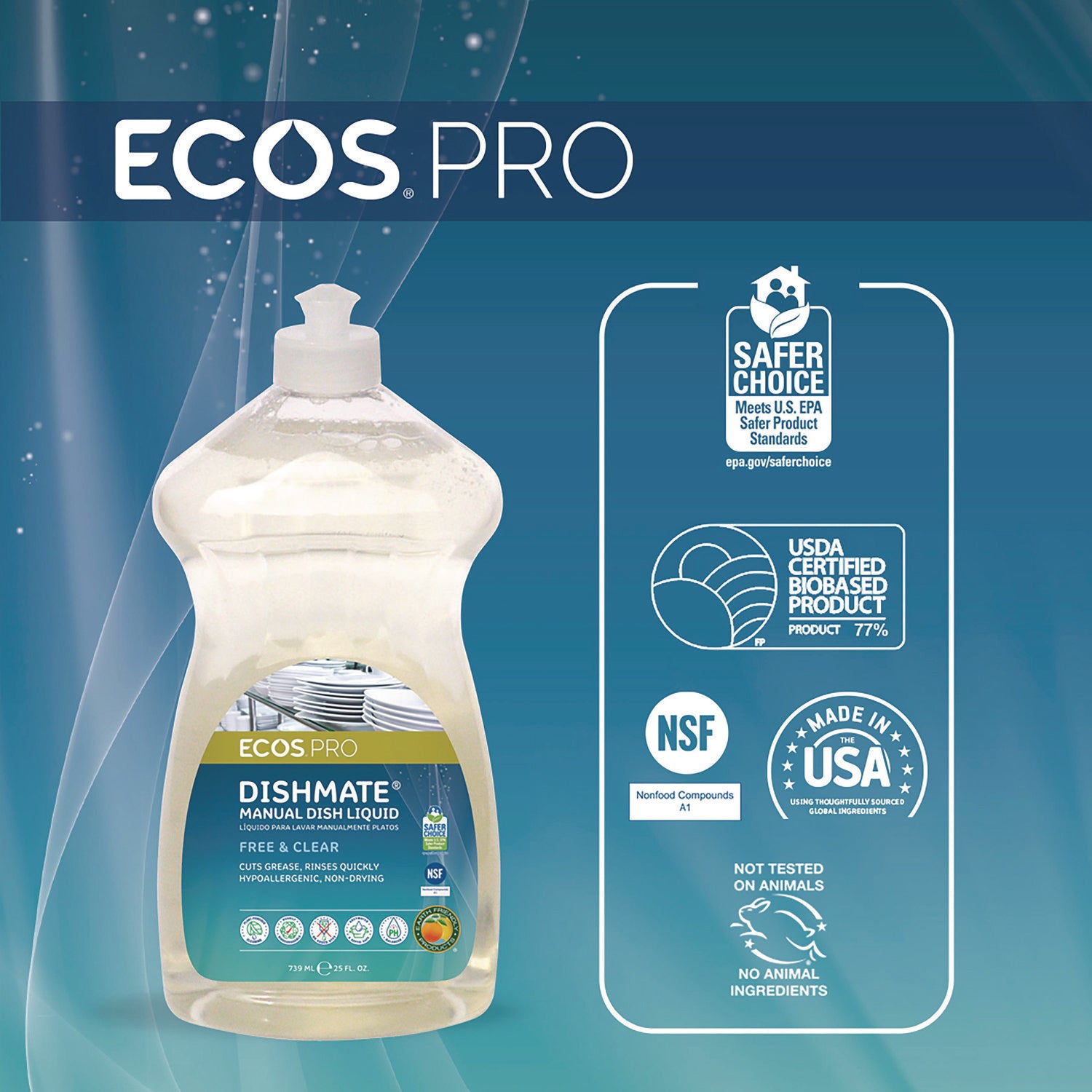 ECOS® PRO Dishmate Manual Dish Liquid, Free and Clear, 25 oz Squeeze Bottle, 6/Carton