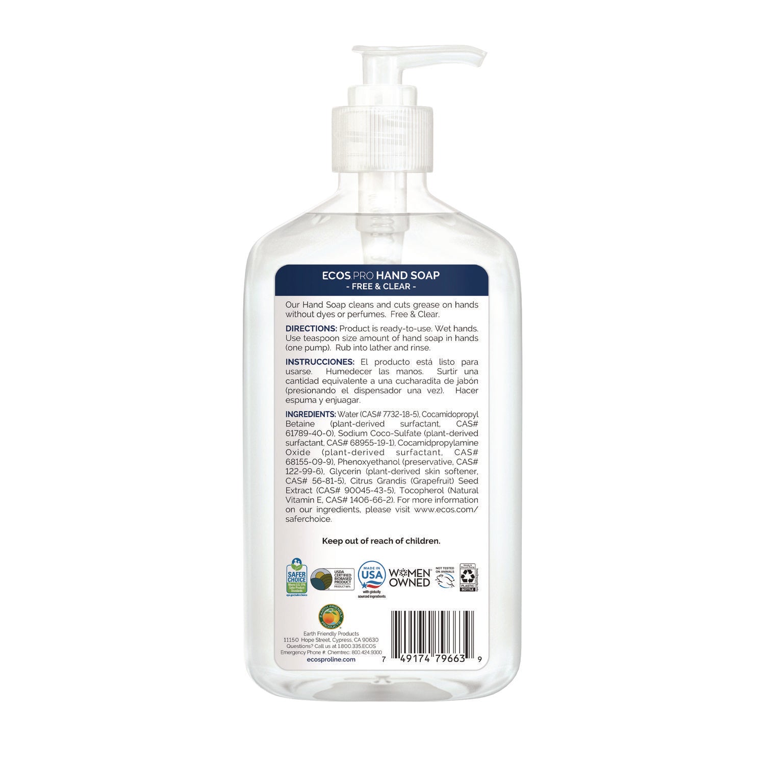 ECOS® PRO Liquid Hand Soap, Free and Clear, 17 oz, 6/Carton