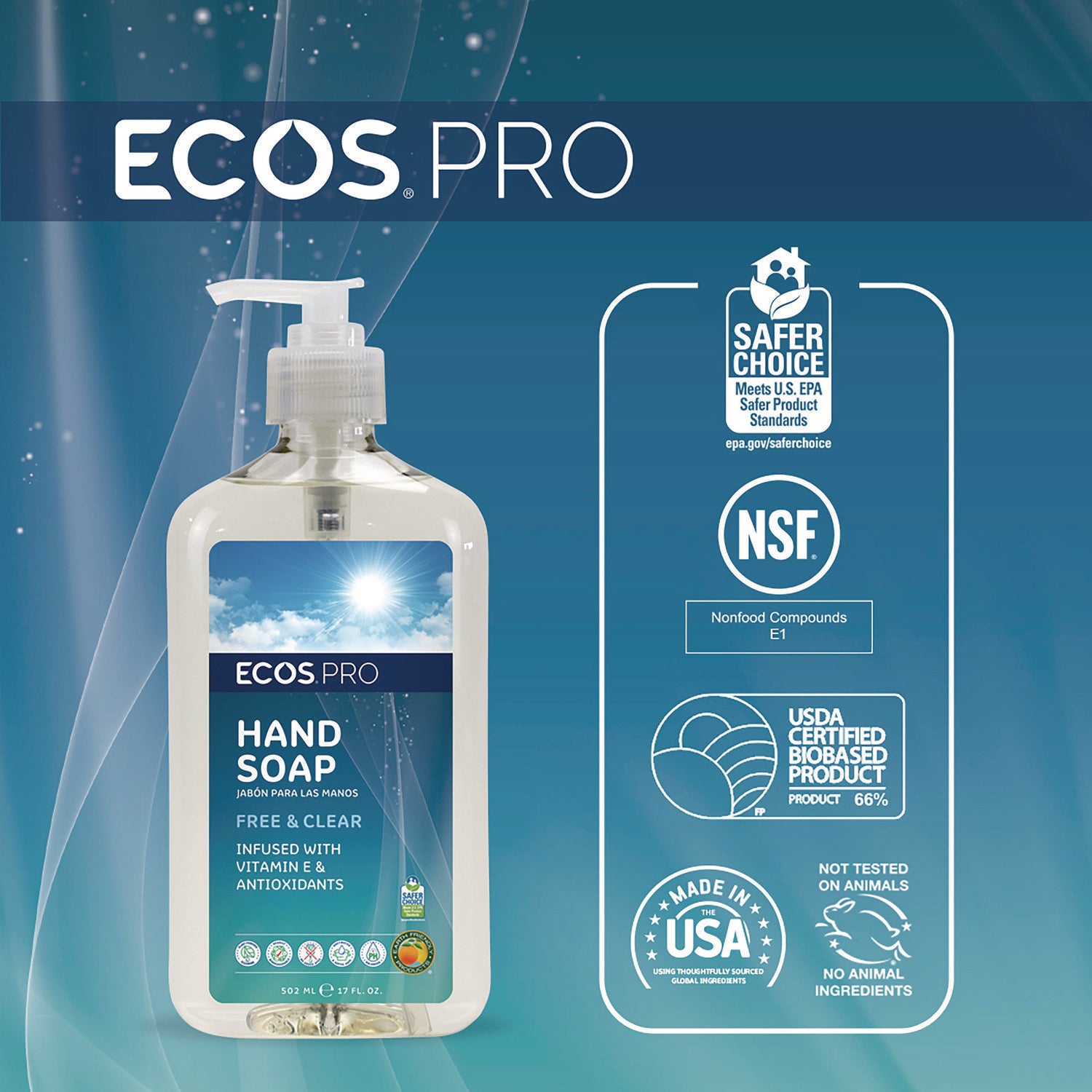 ECOS® PRO Liquid Hand Soap, Free and Clear, 17 oz, 6/Carton