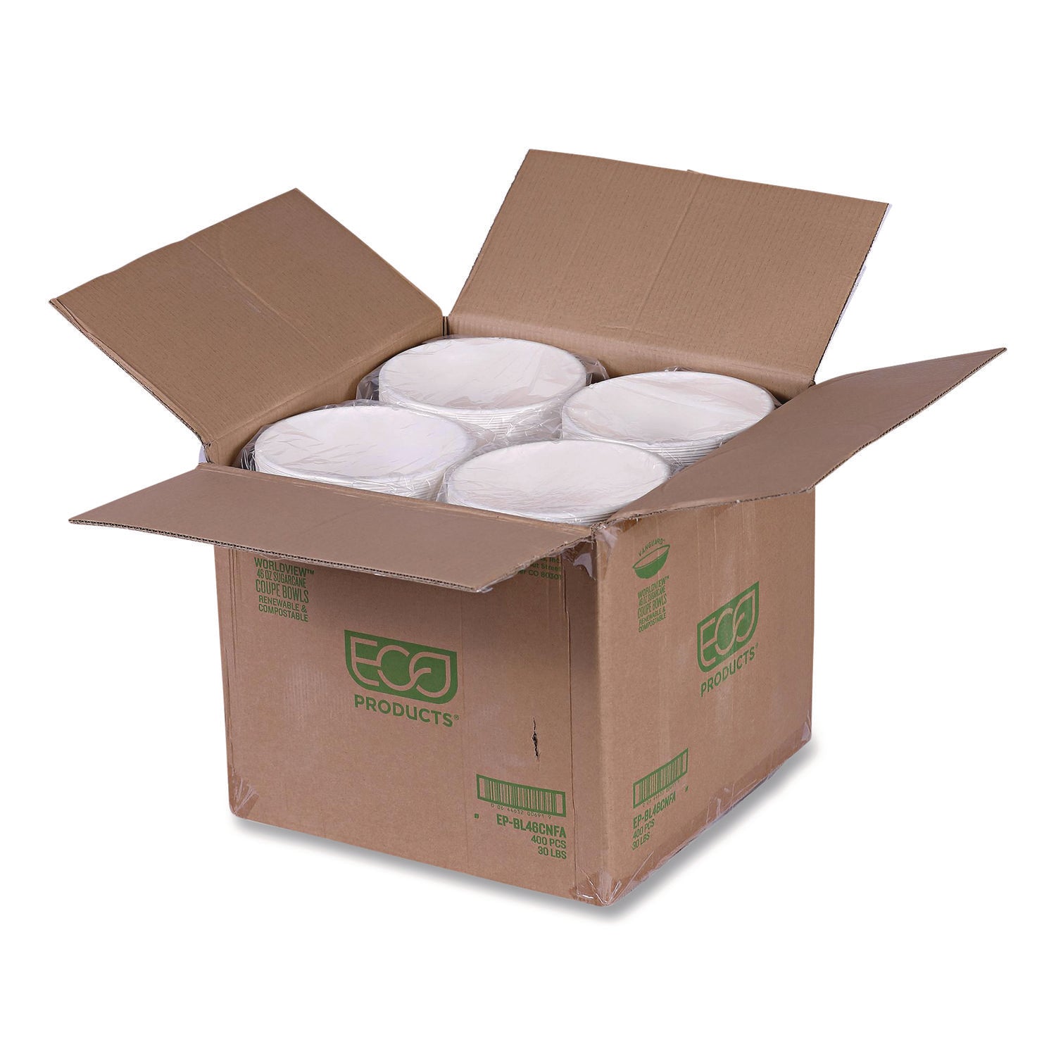 Eco-Products® Vanguard Renewable and Compostable Sugarcane Bowls, 46 oz, White, 400/Carton