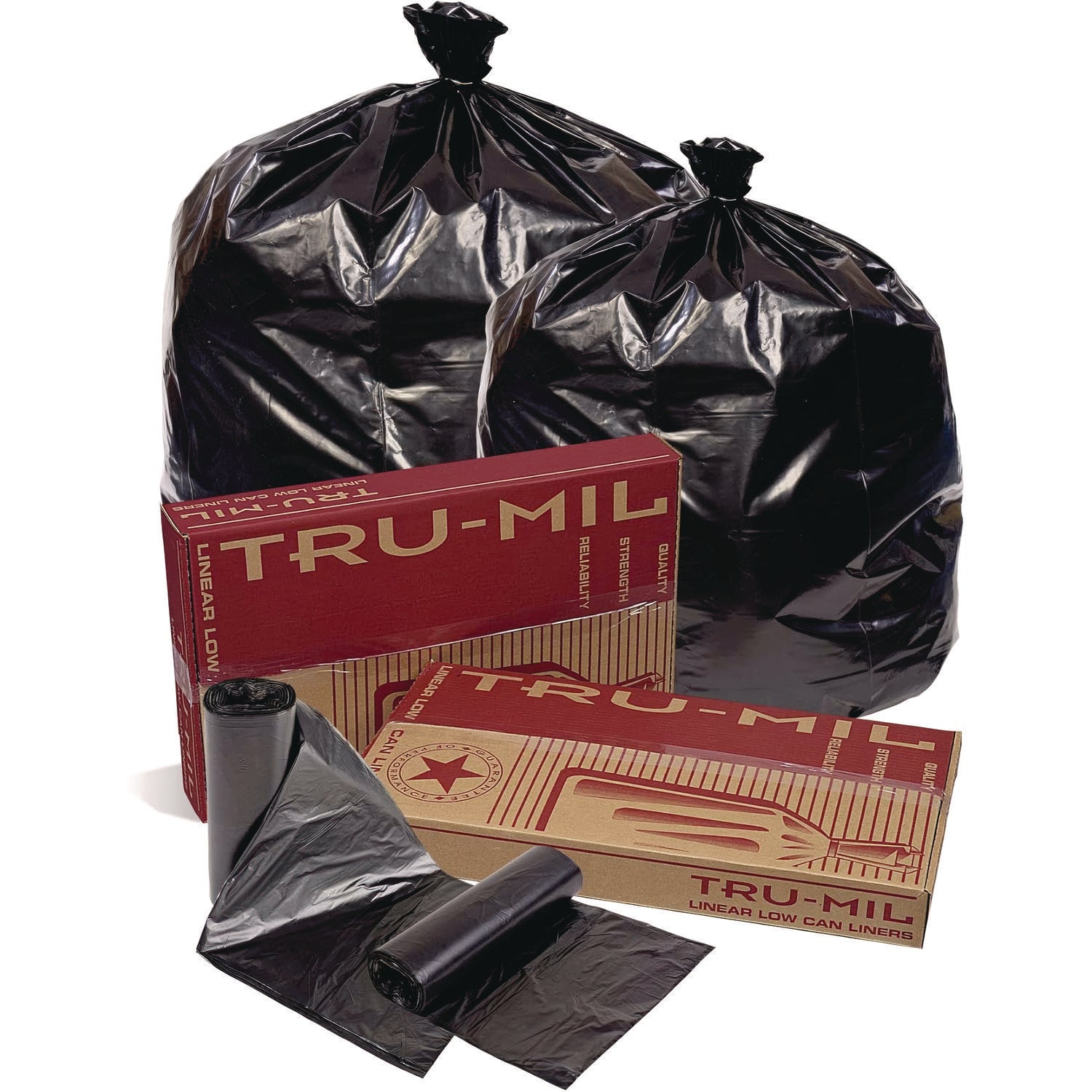 Pitt Plastics Tru-Mil Can Liners, 55 gal, 1.8 mil, 36 x 58, Black, Interleaved Roll, 50/Carton