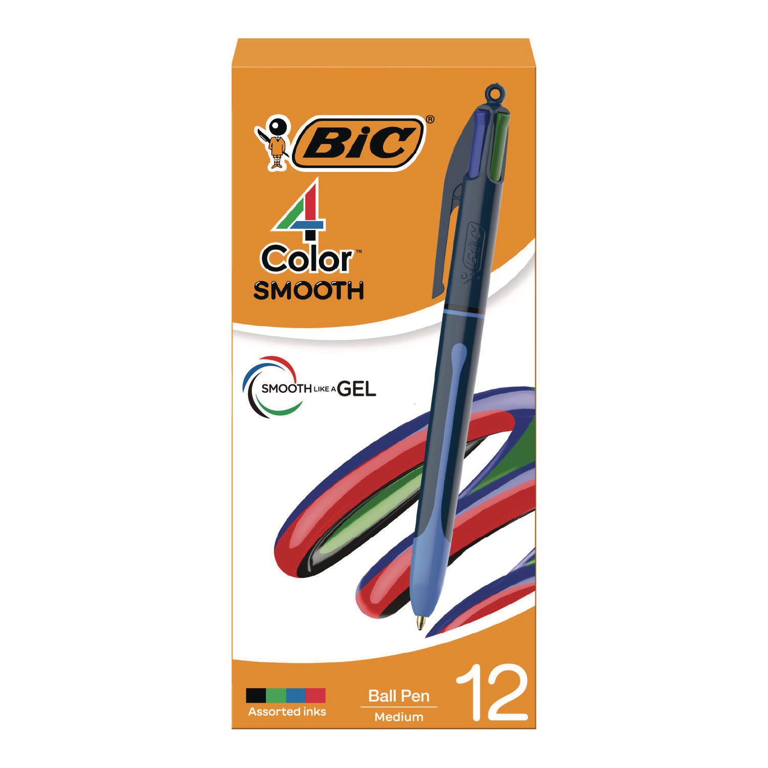 BIC® 4-Color Smooth Multi-Color Ballpoint Pen, Retractable, Medium 1 mm, Black/Blue/Green/Red Ink, Black/Blue Barrel, 12/Pack