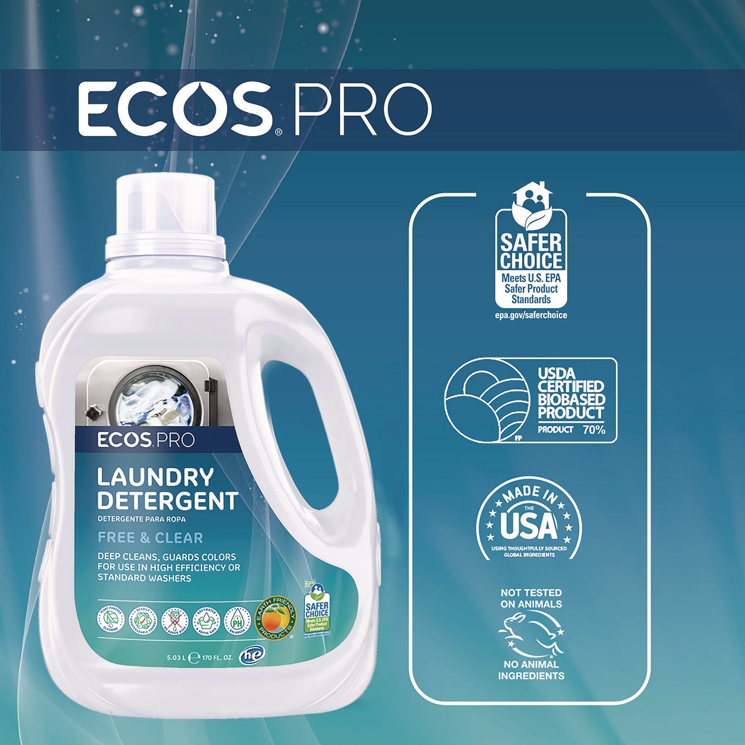 ECOS® PRO Laundry Detergent Liquid, Free and Clear, 170 oz Jug, 2/Carton