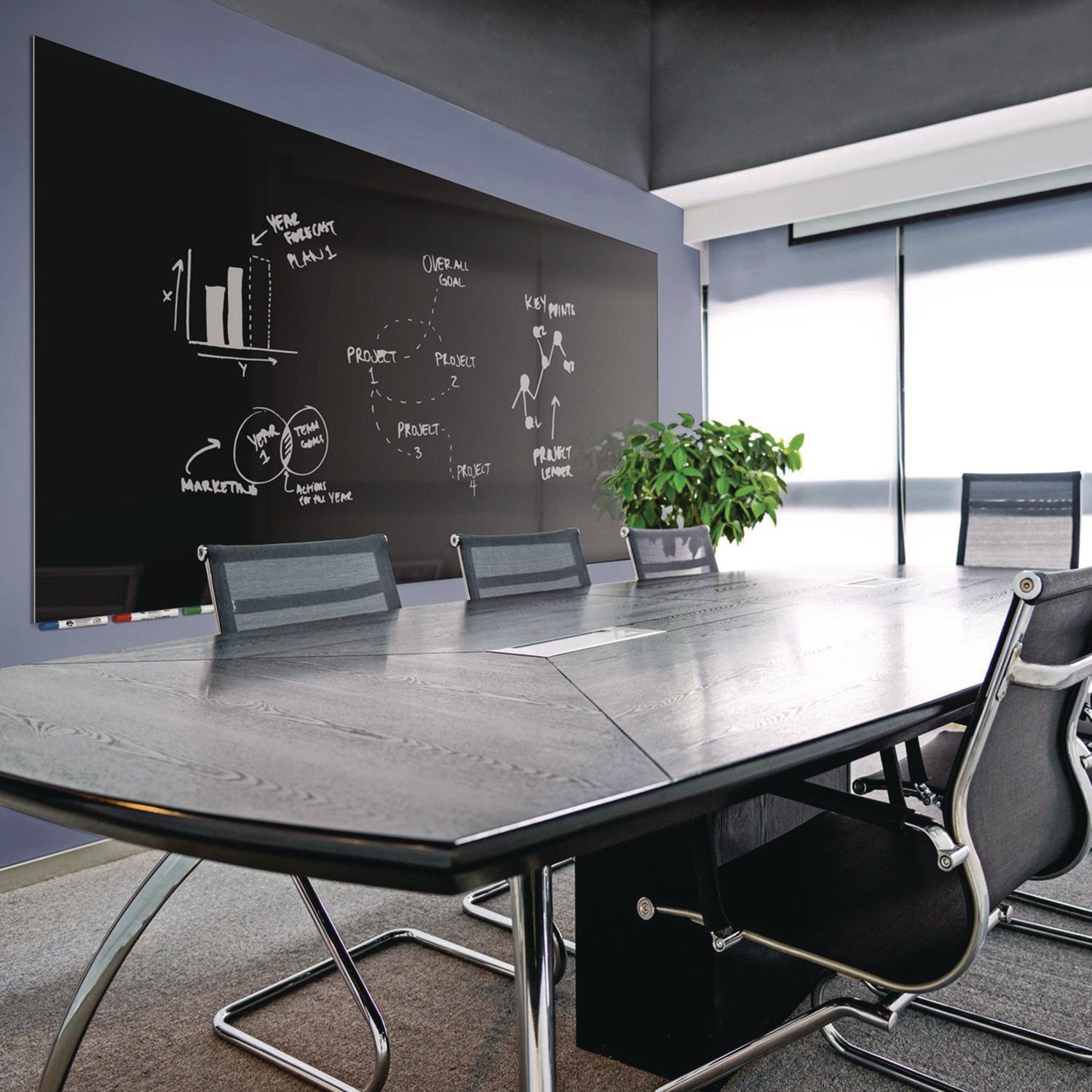 Ghent Aria Low-Profile Frameless Magnetic Glassboard, 96" x 48", Black Surface