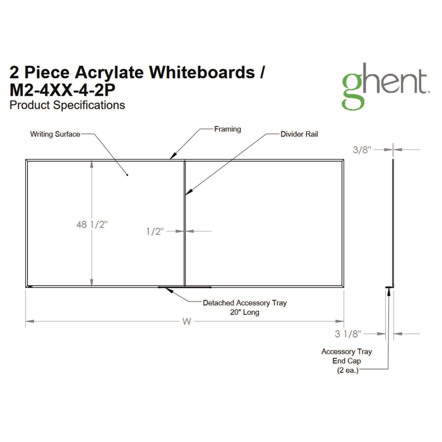 Ghent Two-Piece M2 Non-Magnetic Whiteboard with Aluminum Frame, 144.5" x 48.5", White Surface, Satin Aluminum Frame