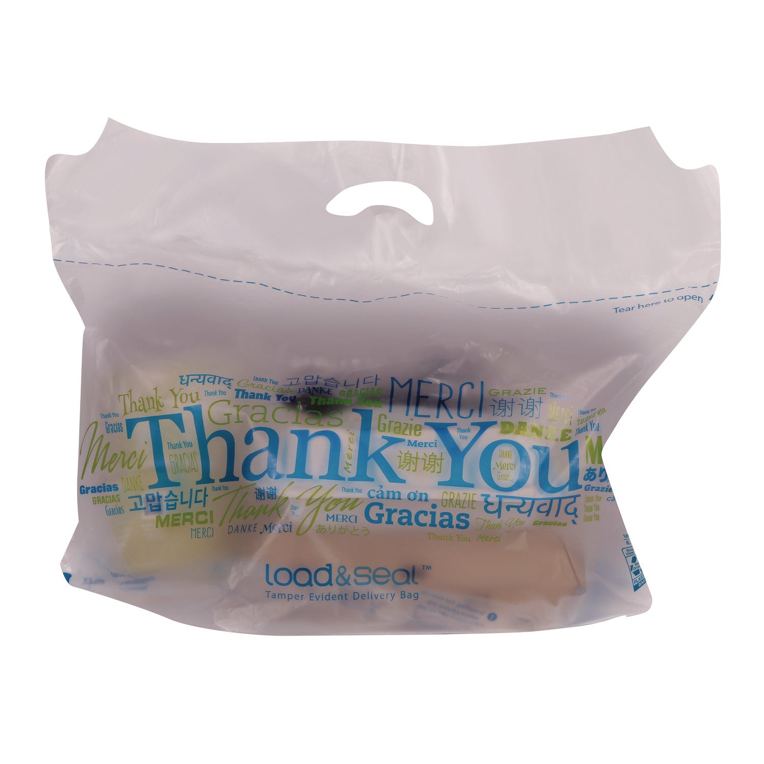 Bagcraft Load and Seal Delivery Bag, Thank You Labeling, Cut-Out Handles, 21" x 9" x 17", Translucent/Multicolor, 500/Carton