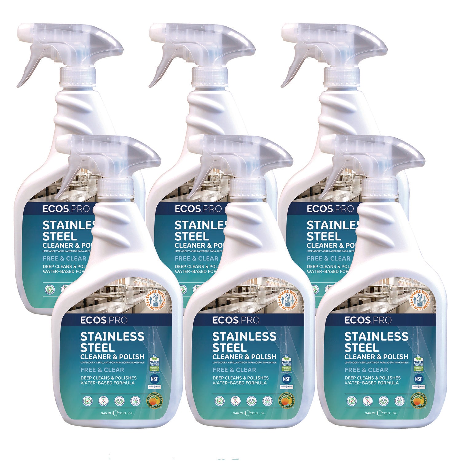 ECOS® PRO Stainless Steel Cleaner and Polish, Free and Clear Scent, 32 oz Spray Bottle, 6/Carton