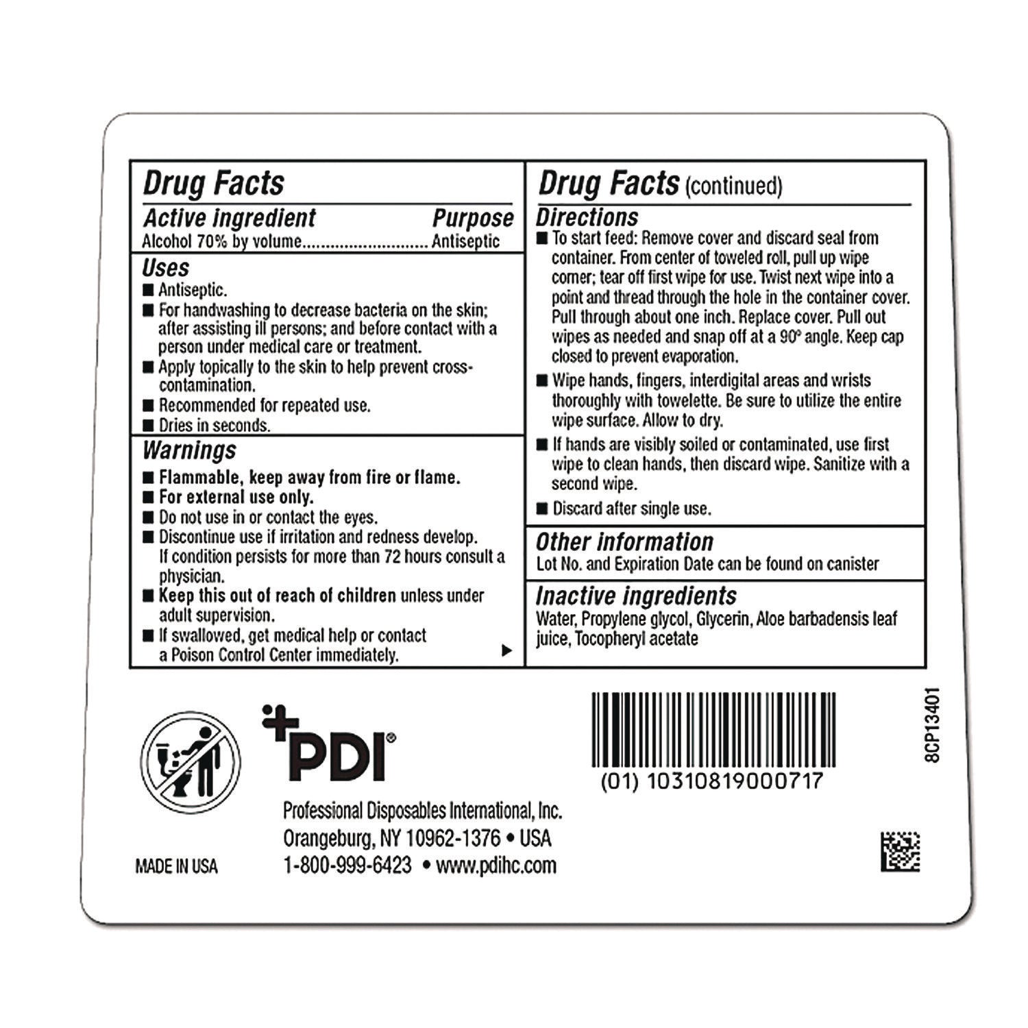 Sani Professional® PDI Sani-Hands Instant Hand Sanitizing Wipes, 7.5 x 6, Unscented, White, 220/Canister, 6 Canisters/Carton