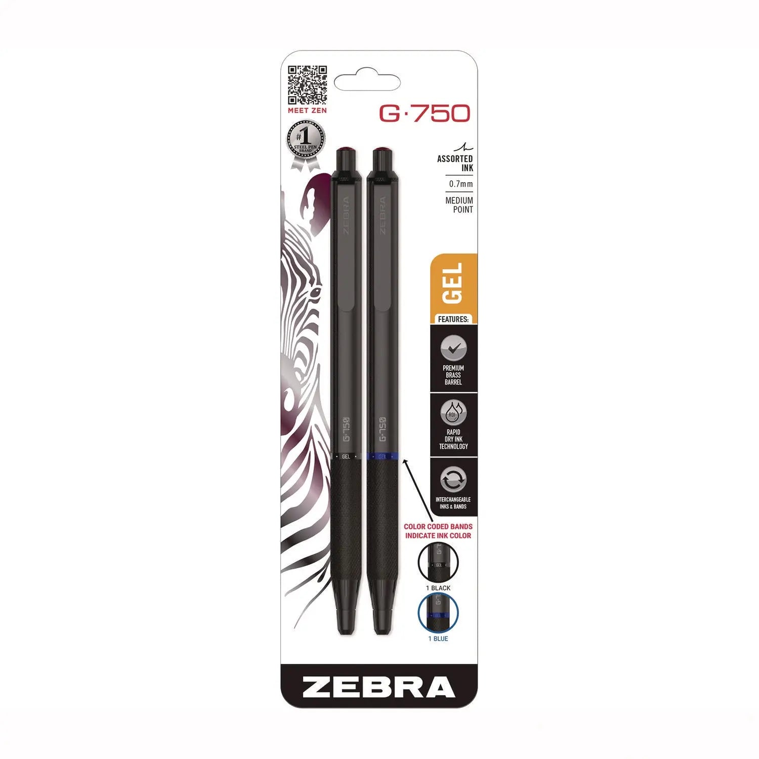 Zebra® G-750 Gel Pen, Retractable, Medium 0.7 mm, Black; Blue Ink, Black Barrel, 2/Pack Zebra® Flipcost