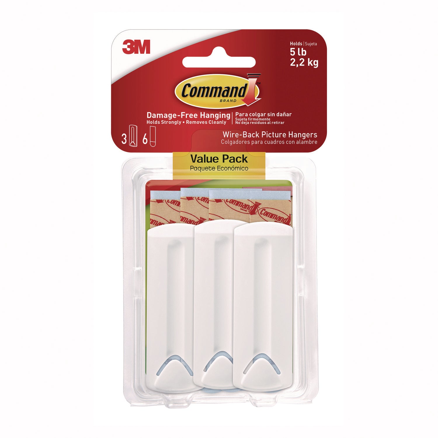 Command™ Wire-Backed Picture Hanging Hooks, Plastic, White, Supports 5 lbs, 3/Pack