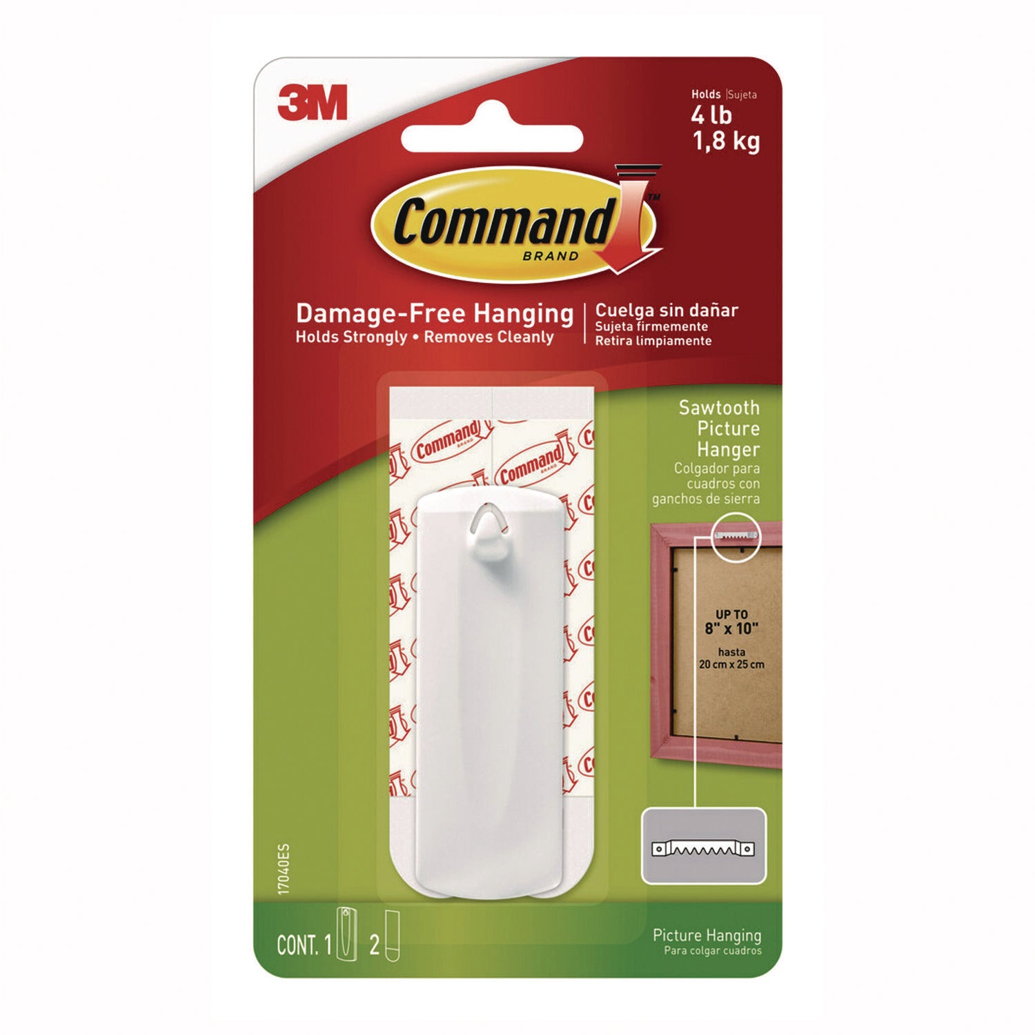 Command™ Sawtooth Picture Hanger, One Hanger, Two Strips, White, Supports 4 lbs