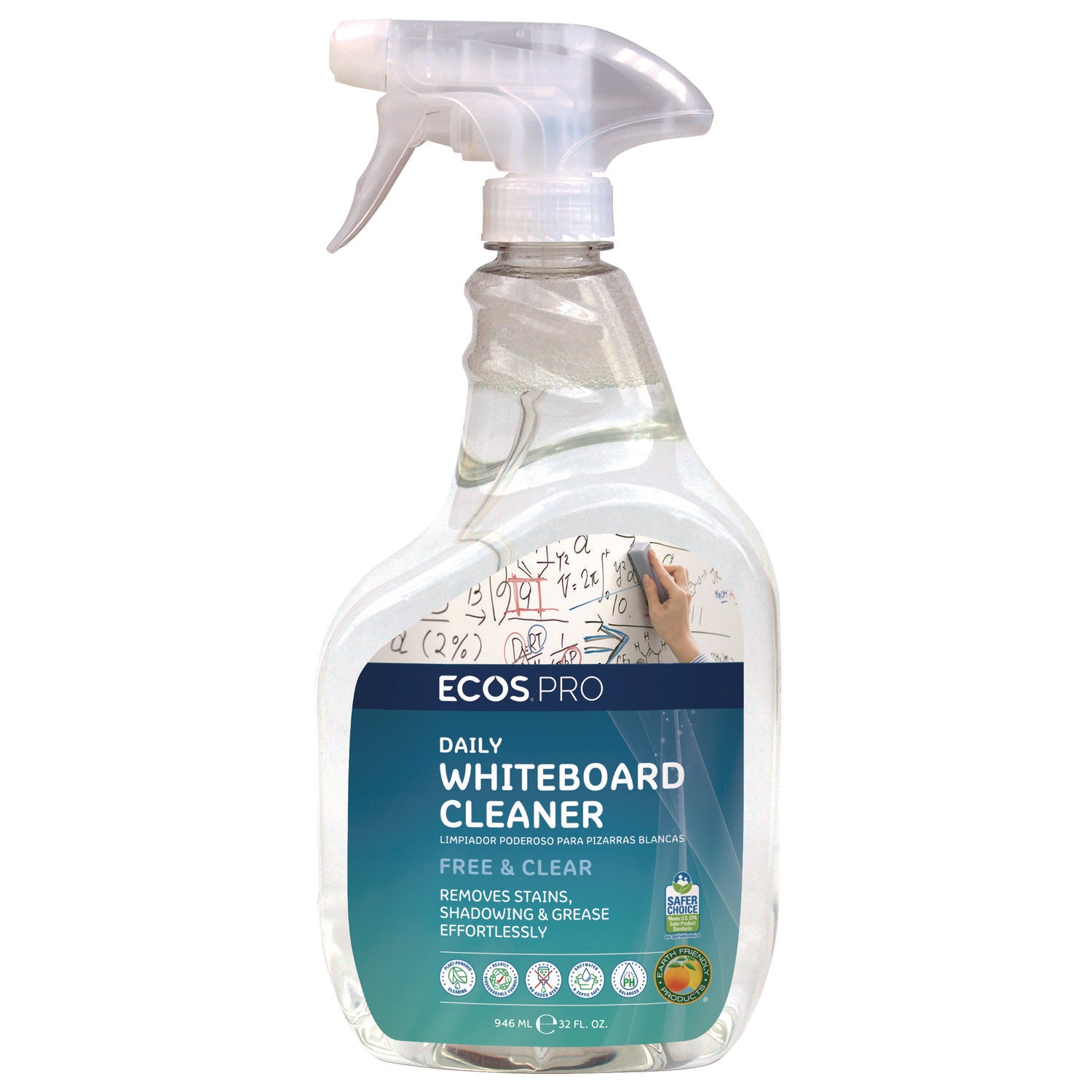 ECOS® PRO Daily Whiteboard Cleaner, Free and Clear, 32 oz Spray Bottle, 6/Carton