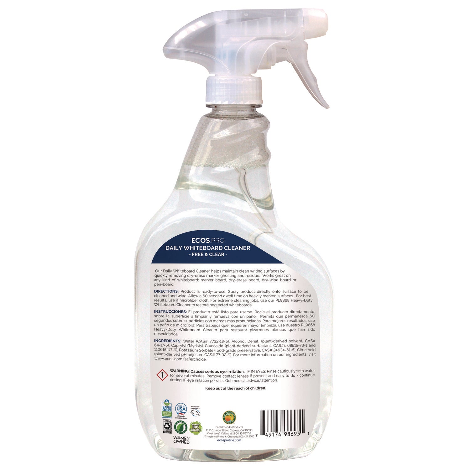 ECOS® PRO Daily Whiteboard Cleaner, Free and Clear, 32 oz Spray Bottle, 6/Carton