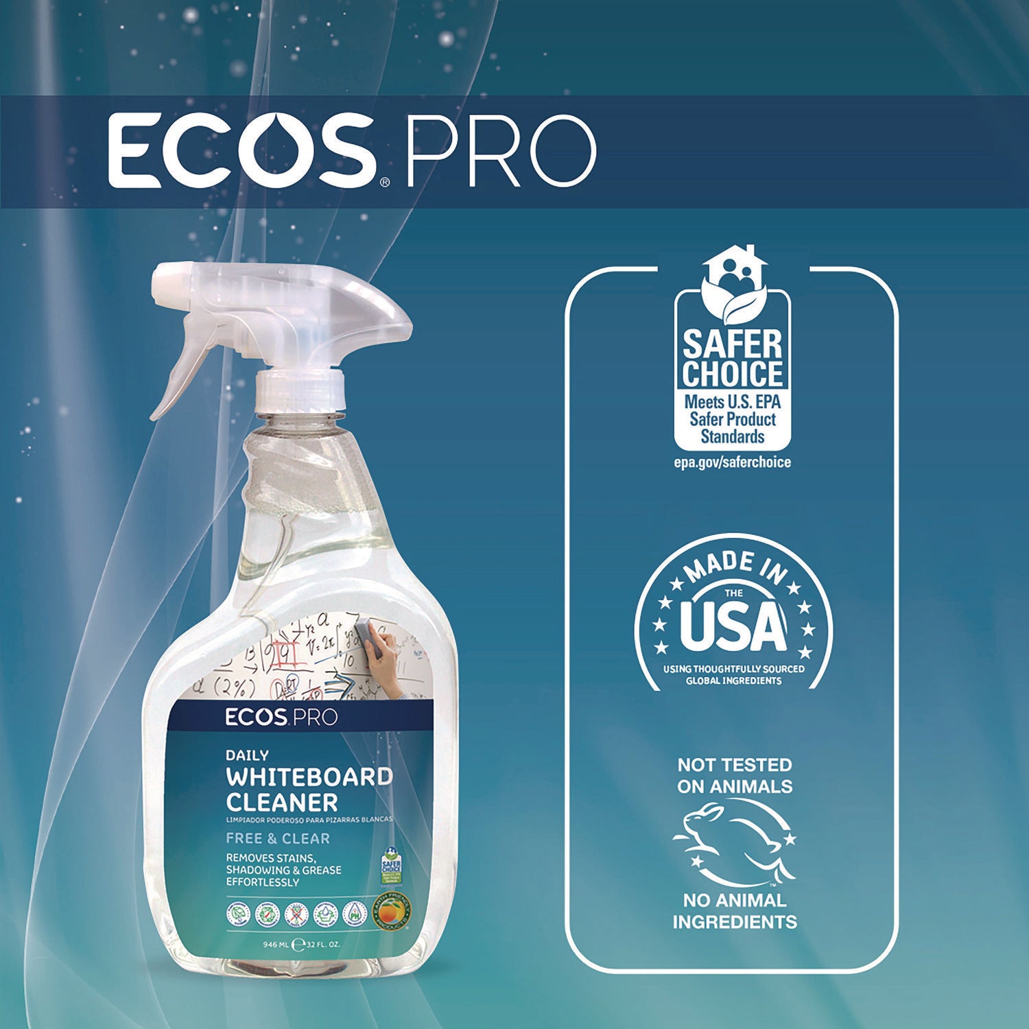 ECOS® PRO Daily Whiteboard Cleaner, Free and Clear, 32 oz Spray Bottle, 6/Carton