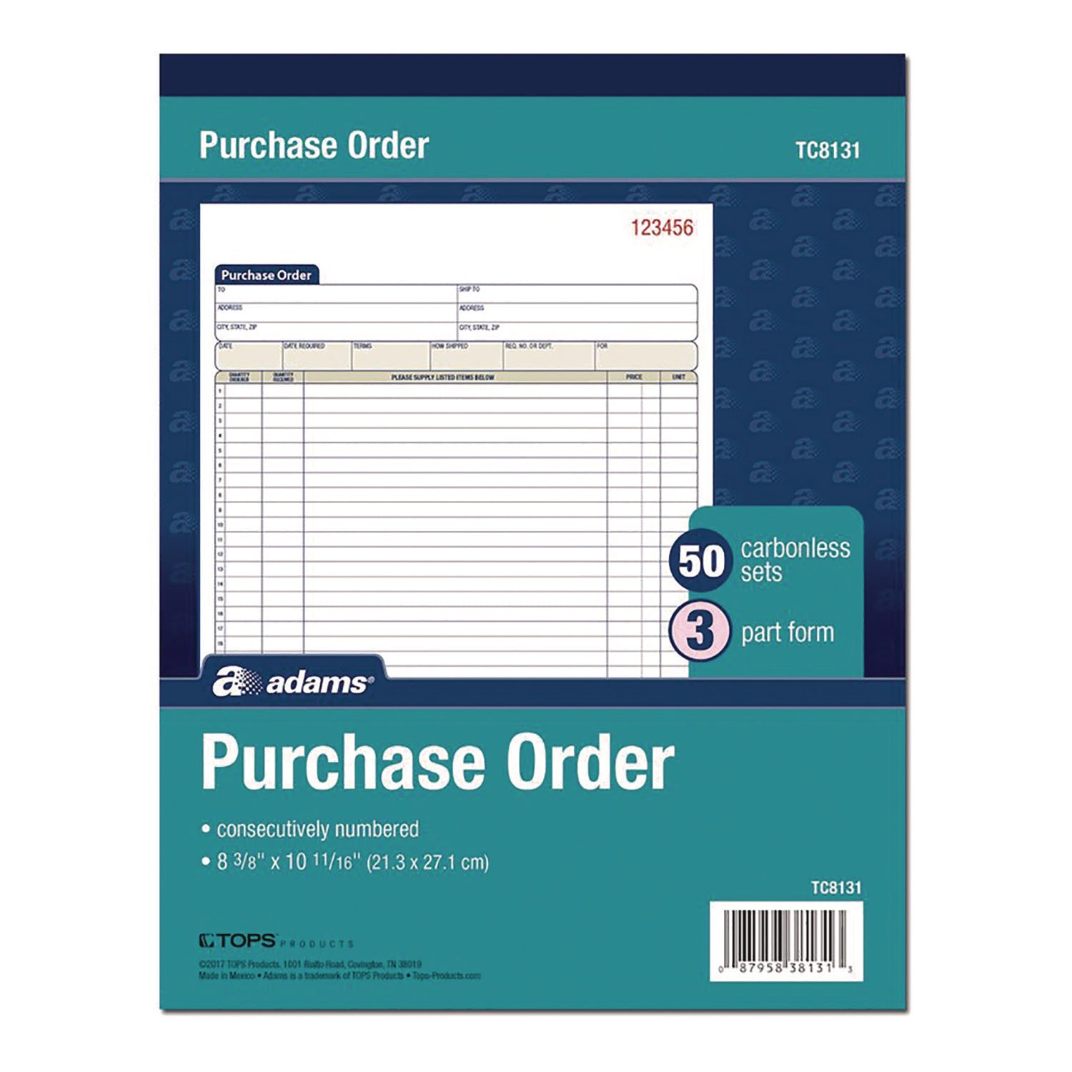 Adams® Multipart Purchase Order Pad, Three-Part Carbonless, 8.38 x 10.19, 50 Forms Total