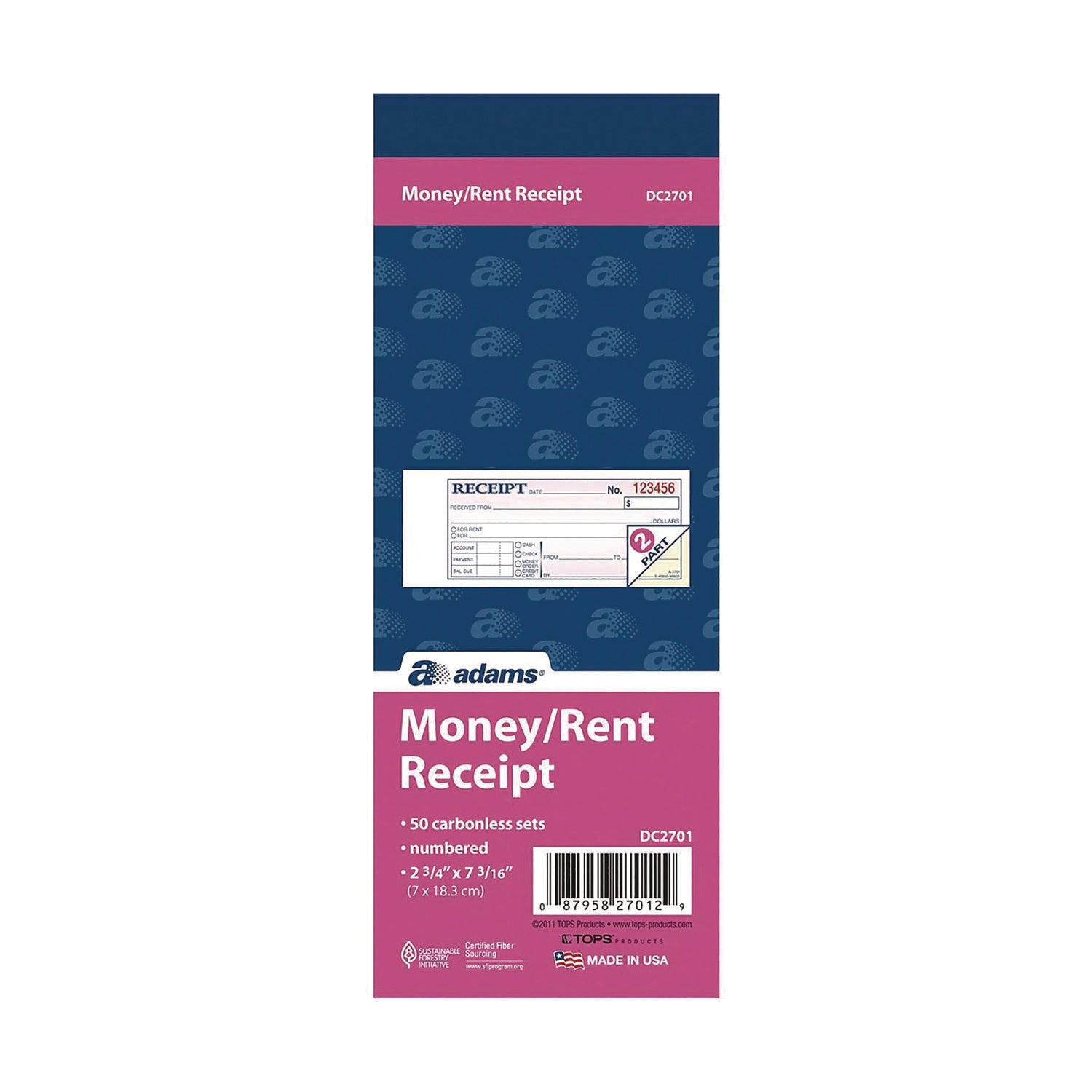 Adams® Money/Rent Receipt Book, Two-Part Carbonless, 6.69 x 2.75, 50 Receipts/Book, 5 Books/Pack