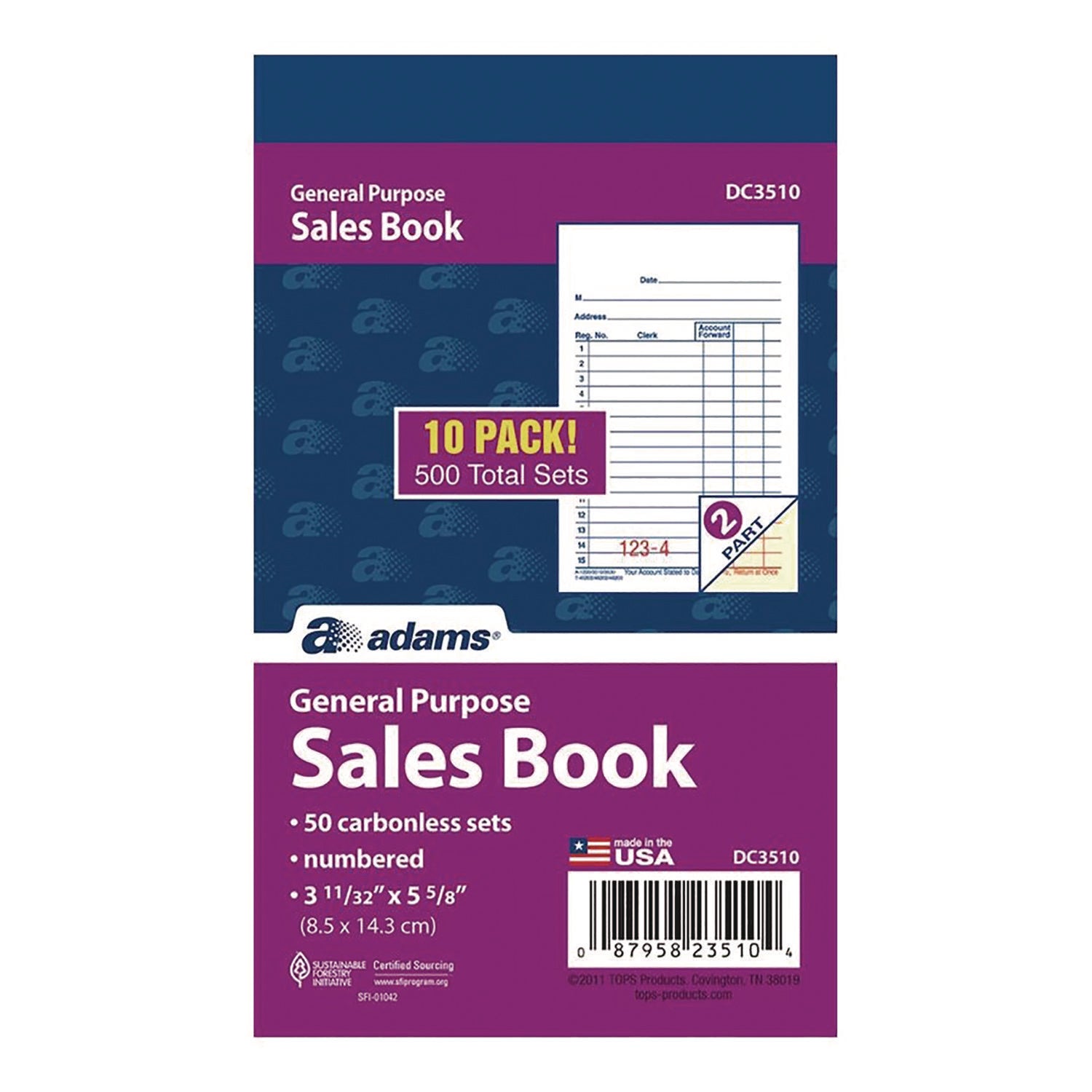 Adams® Multipart General-Purpose Sales Pad, Two-Part Carbonless, 3.34 x 5.13, 50 Forms/Pad, 10 Pads/Pack