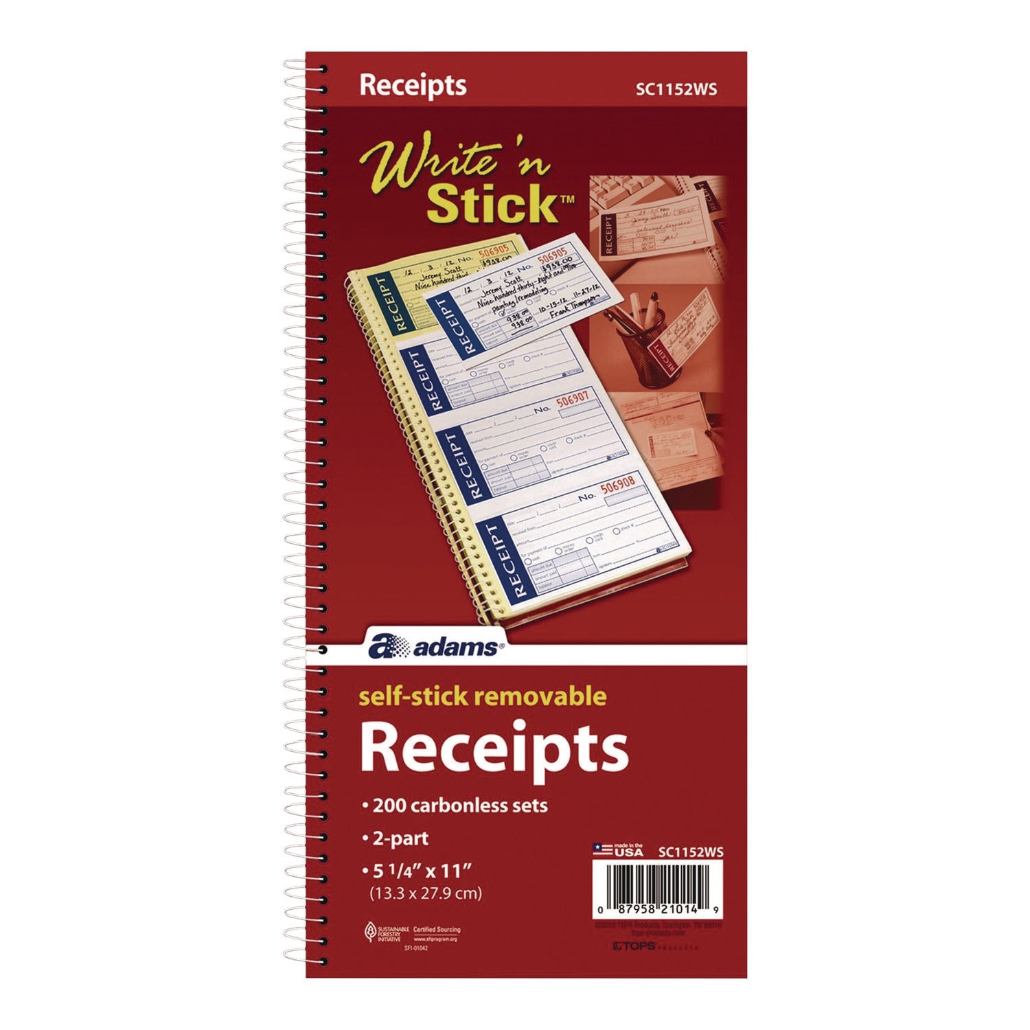 Adams® Write 'n Stick Receipt Book, Two-Part Carbonless, 4.75 x 2.75, 4 Forms/Sheet, 200 Forms Total