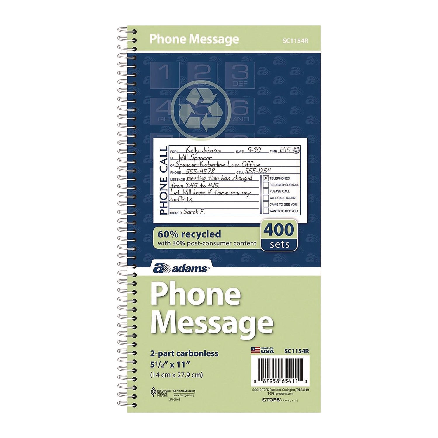 Adams® Wirebound Telephone Message Book, Two-Part Carbonless, 4.75 X 2.75, 4 Forms/sheet, 400 Forms Total