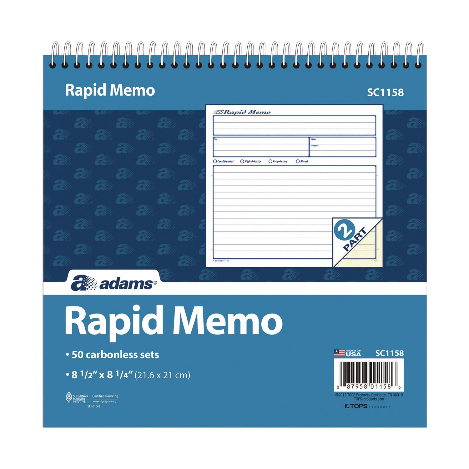 Adams® Rapid Memo Pad, Two-Part Carbonless, 8.5 x 7.75, 50 Forms Total