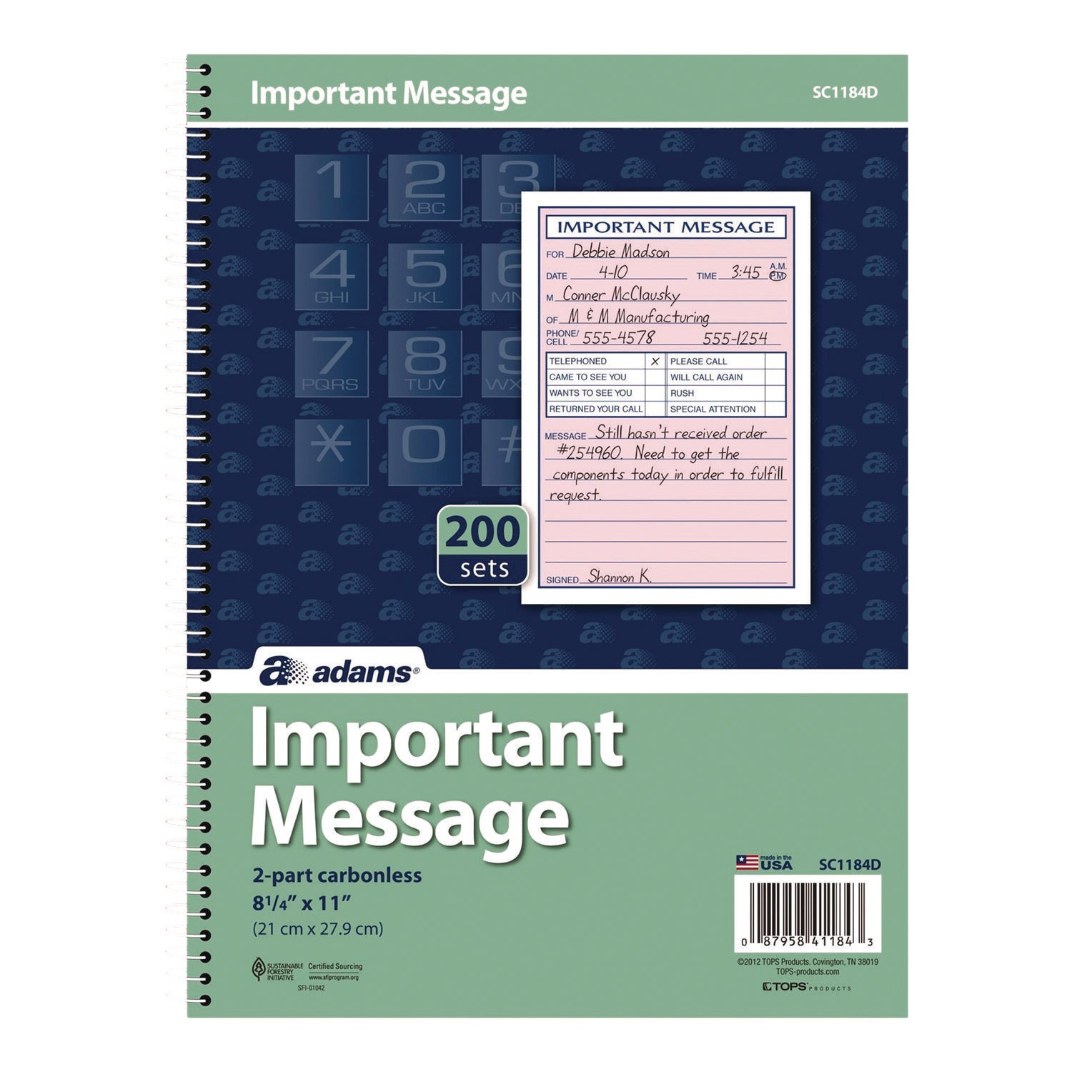 Adams® Important Message Book, Two-Part Carbonless, 4 Forms/Sheet, 200 Forms Total