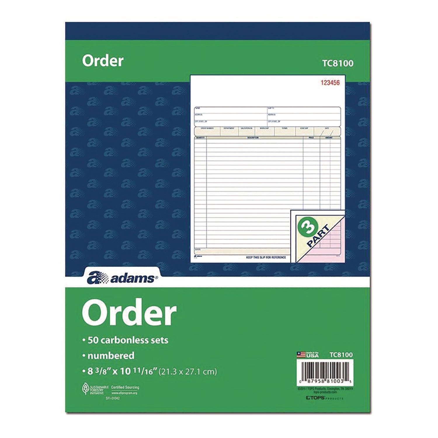 Adams® Multipart Sales Order Pad, Three-Part Carbonless, 8.34 x 10.19, 50 Forms Total