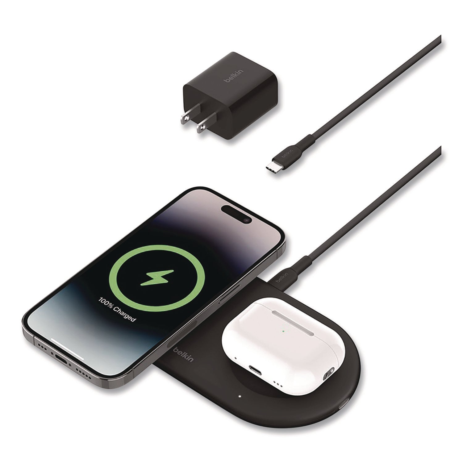 Belkin® BOOST CHARGE Pro 2-in-1 Magnetic Wireless Charging Pad with Qi2, USB-C, 15 W, Black