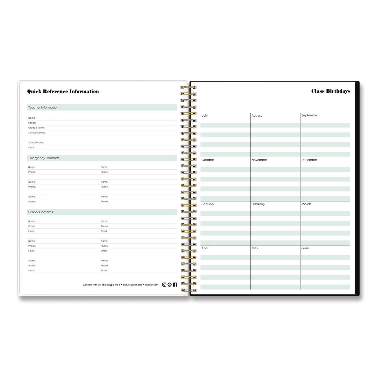 Blue Sky® Dark Gray Gale Lesson Planner, Weekly: Up to Nine Periods per Day, Monthly: Two-Page Spreads, 11 x 8.5, Gray/Mint Green Cover