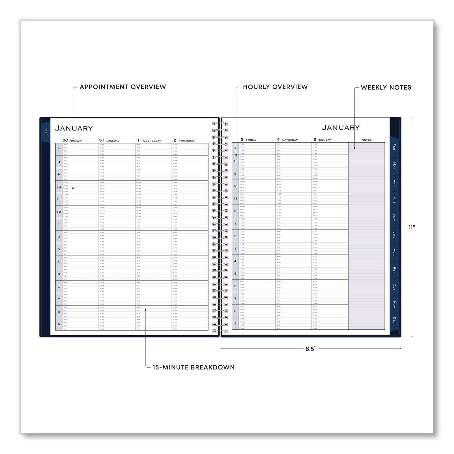 Blue Sky® Passages Weekly Appointment Book and Monthly Planner, 11 x 8.5, Navy Blue Cover, 12-Month (Jan to Dec): 2025