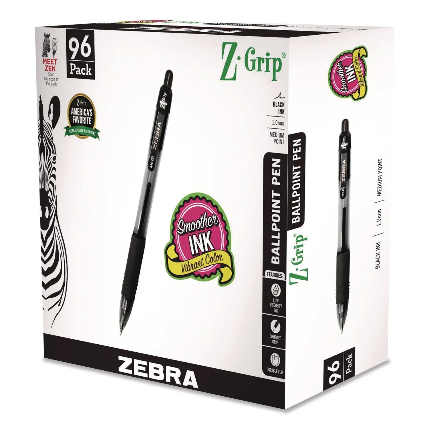 Zebra® Z-Grip Ballpoint Pen, Retractable, Medium, 1 mm, Black Ink, Clear/Black Barrel, 96/Pack Zebra® Flipcost