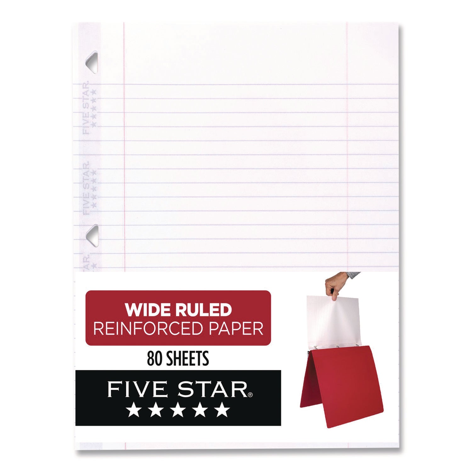 Five Star® Reinforced Filler Paper, 3-Hole, 8 x 10.5, Wide/Legal Rule, 80/Pack