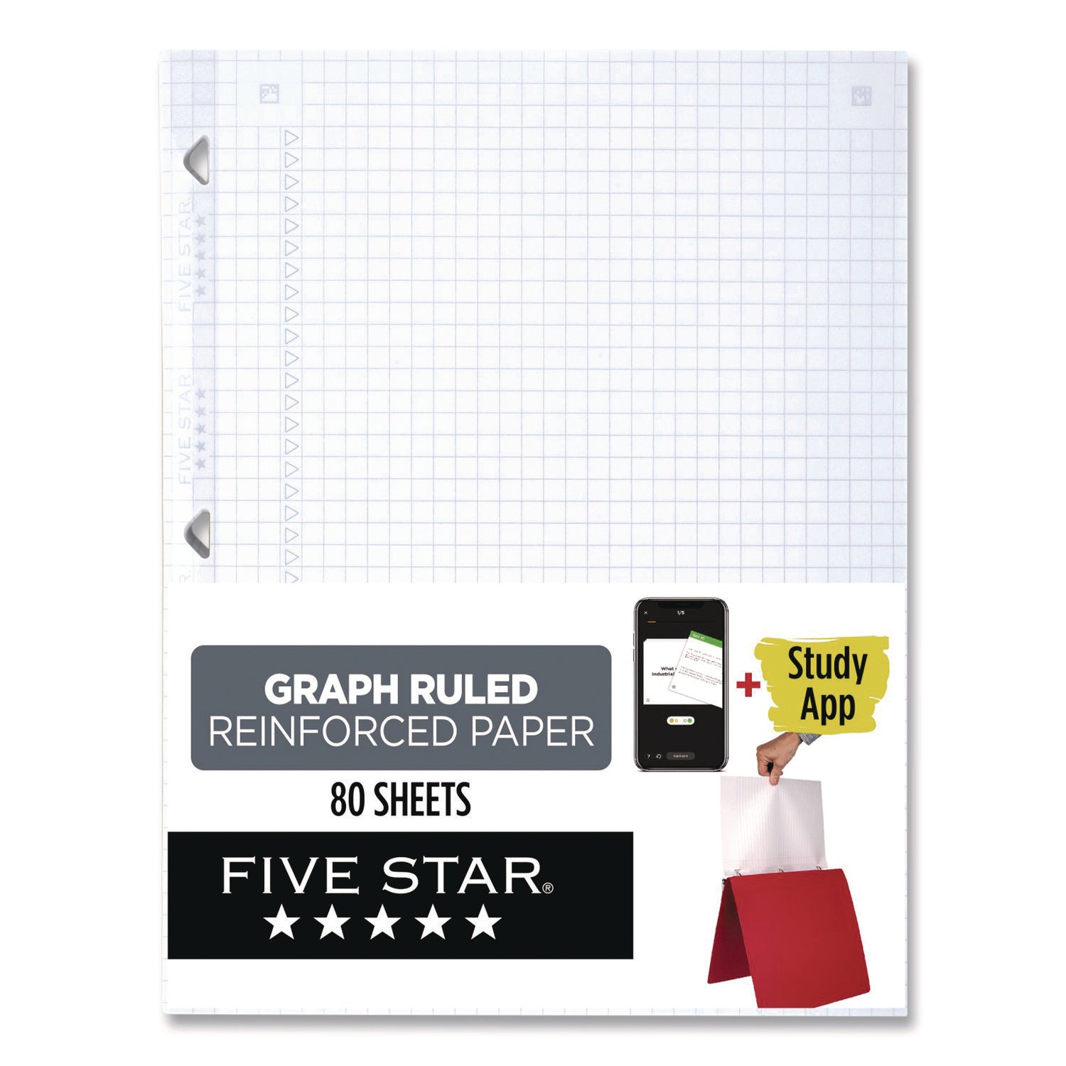 Five Star® Reinforced Filler Paper Plus Study App, 3-Hole, 8.5 x 11, Quadrille Rule, 80/Pack