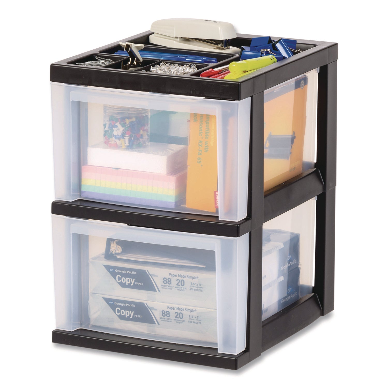 IRIS 2-Compartment Desktop Stackable Storage Drawer, 12.17 x 14.33 x 16.77, Black/Translucent White