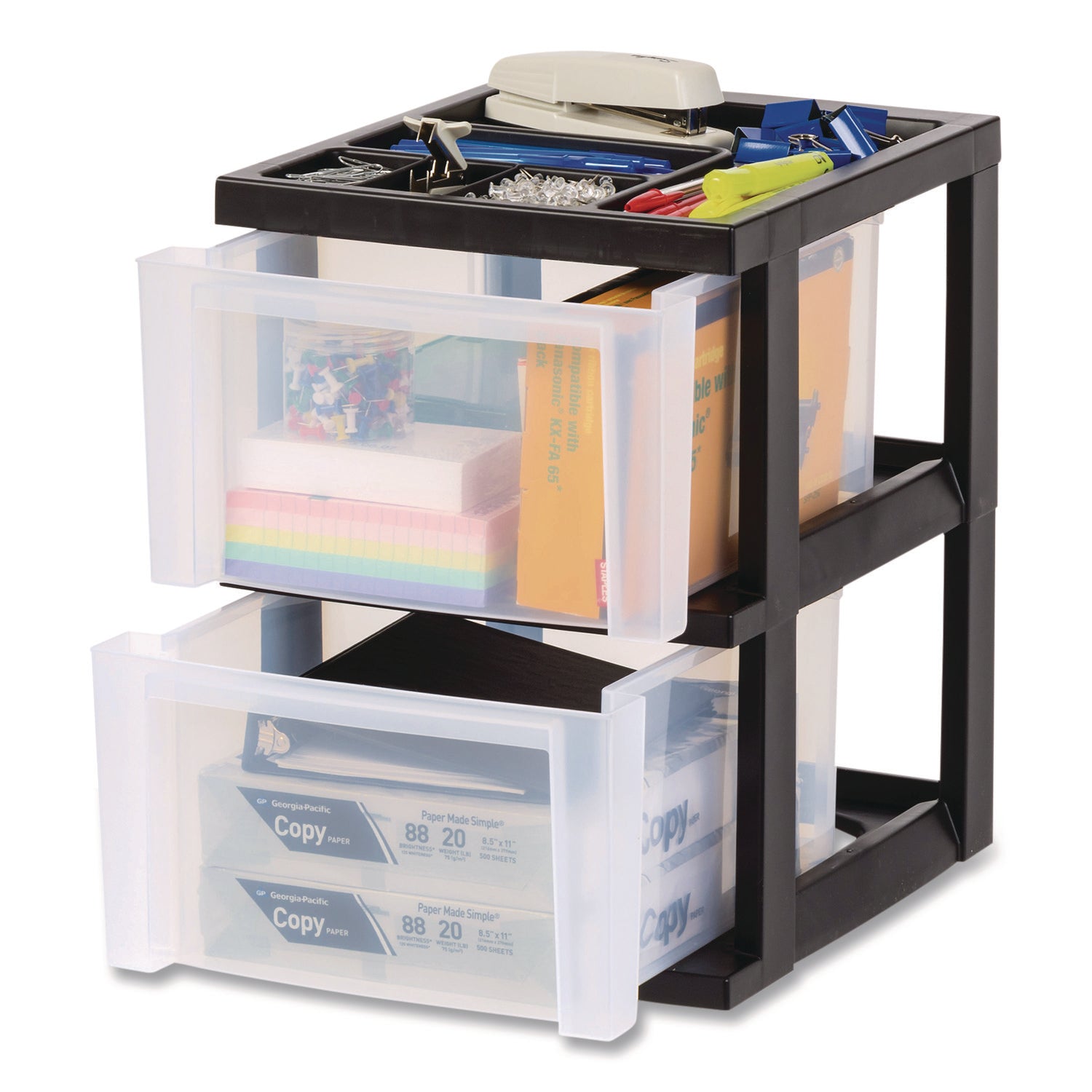 IRIS 2-Compartment Desktop Stackable Storage Drawer, 12.17 x 14.33 x 16.77, Black/Translucent White