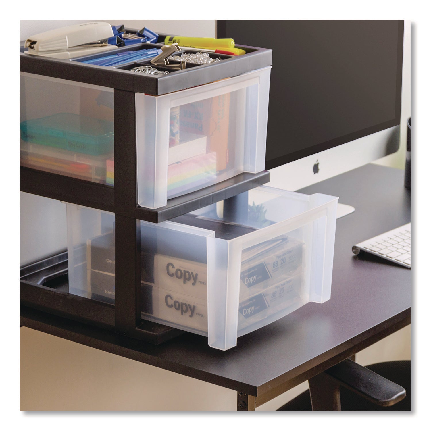 IRIS 2-Compartment Desktop Stackable Storage Drawer, 12.17 x 14.33 x 16.77, Black/Translucent White