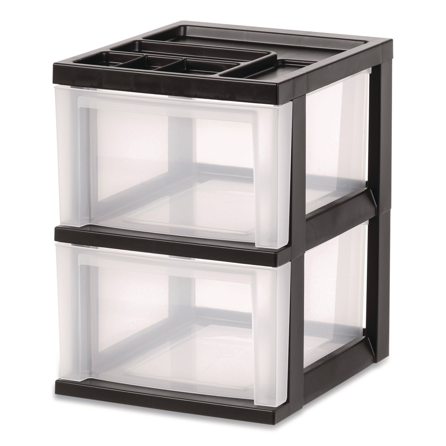 IRIS 2-Compartment Desktop Stackable Storage Drawer, 12.17 x 14.33 x 16.77, Black/Translucent White