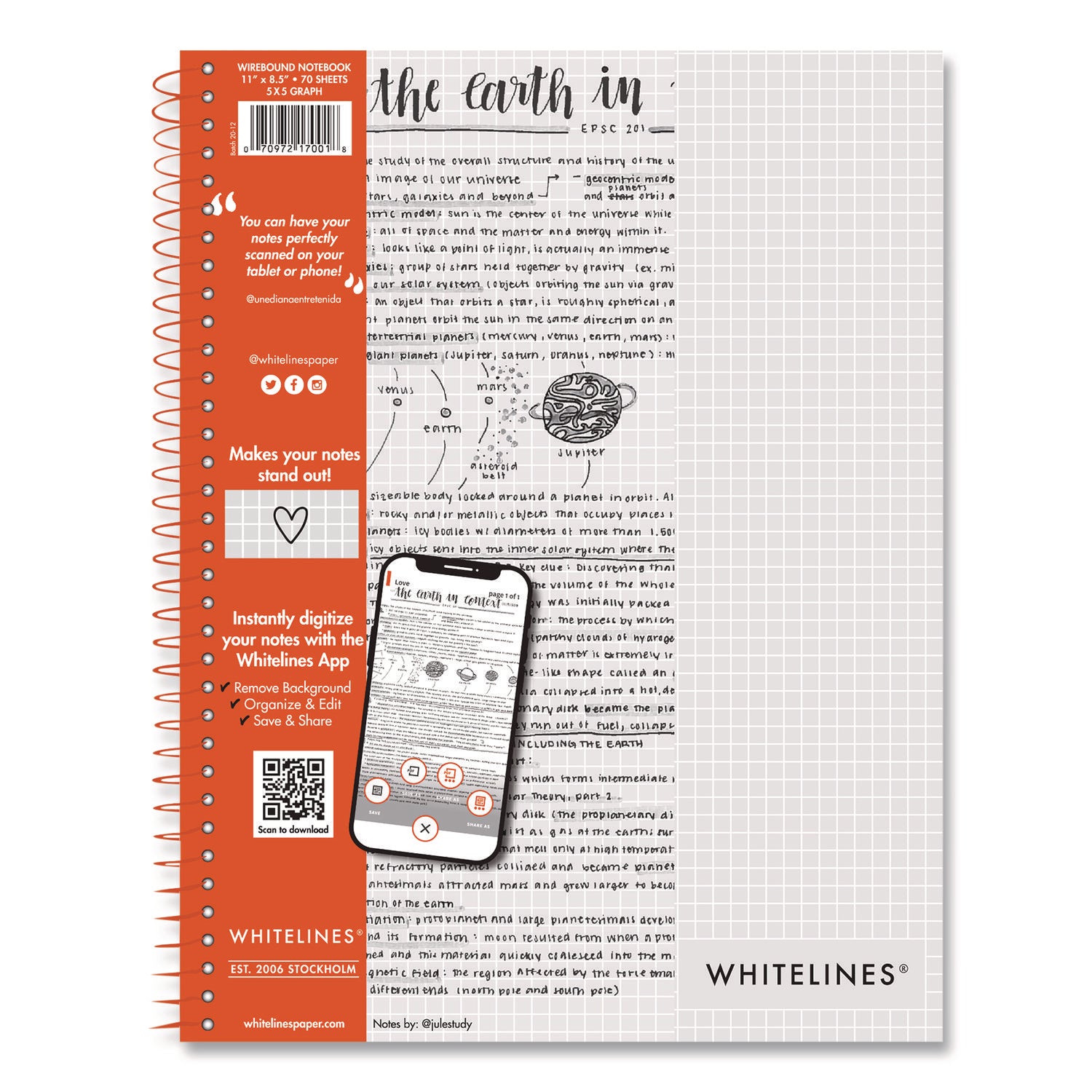 Roaring Spring® Whitelines Notebook. Quadrille Rule, (5 sq/in), Gray/Orange Cover, (70) 11 x 8.5 Sheets