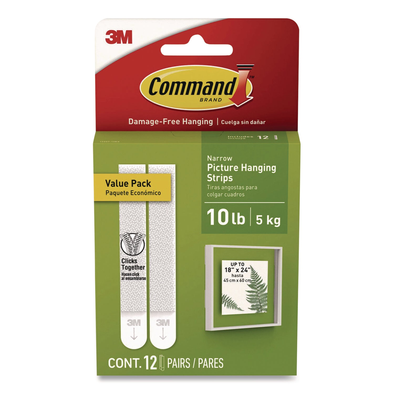 Command™ Picture Hanging Strips, Narrow, Removable, Holds Up to 10 lbs per 4 Pairs, 0.5 x 3.65, White, 12 Pairs/Pack