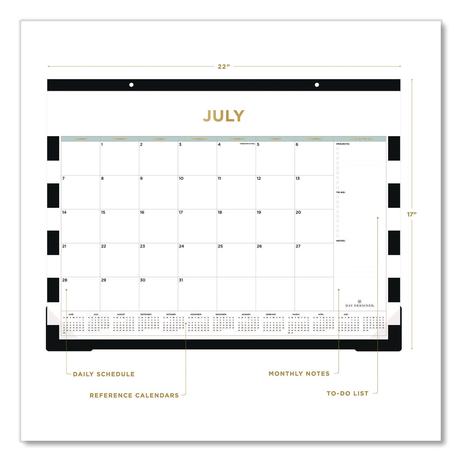 Blue Sky® Day Designer Rugby Stripe Academic Year Desk Pad Calendar, 22 x 17, White/Black Sheets, 12-Month (July to June): 2024 to 2025