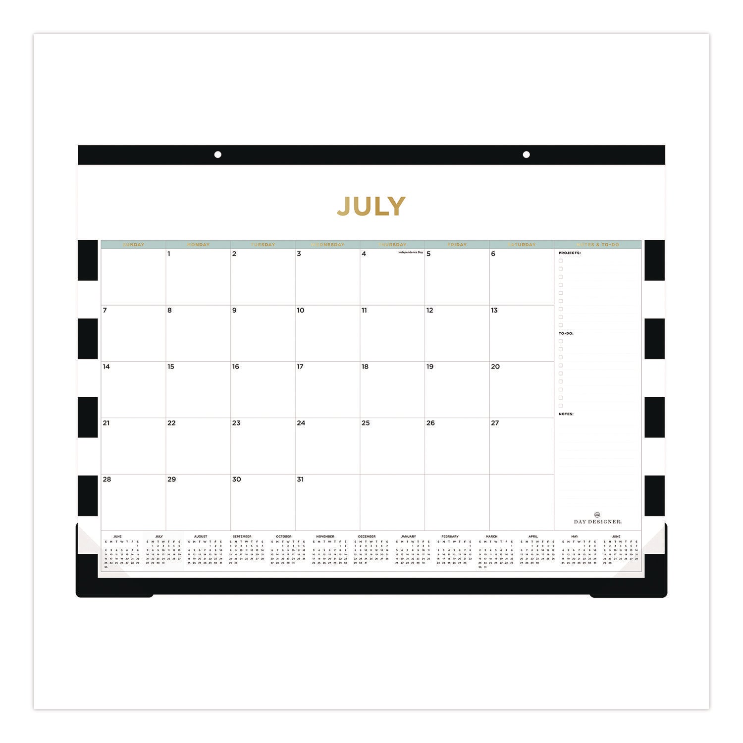 Blue Sky® Day Designer Rugby Stripe Academic Year Desk Pad Calendar, 22 x 17, White/Black Sheets, 12-Month (July to June): 2024 to 2025