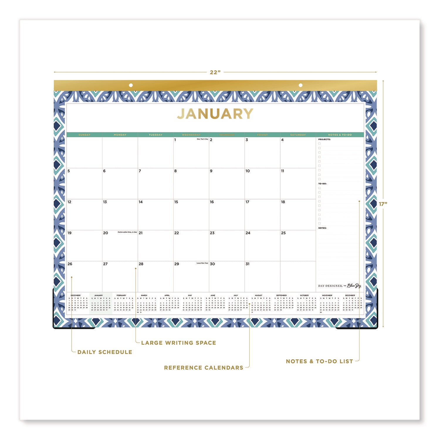 Blue Sky® Tile Desk Pad Calendar, Geometric Artwork, 22 x 17, White Sheets, Gold Headband, Clear Corners, 12-Month (Jan to Dec): 2025