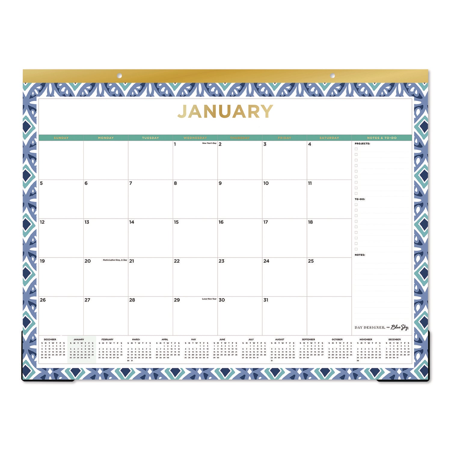 Blue Sky® Tile Desk Pad Calendar, Geometric Artwork, 22 x 17, White Sheets, Gold Headband, Clear Corners, 12-Month (Jan to Dec): 2025